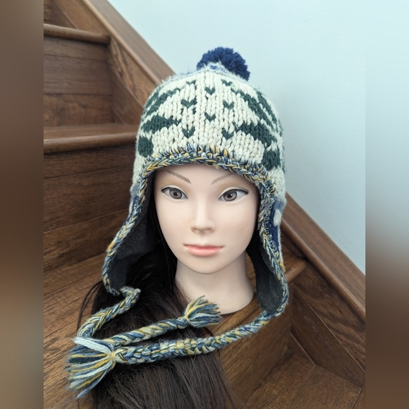 American Eagle knit Trapper Hat Adult One Size, Cream, Blue, Green Wool Blend OS - Picture 2 of 7